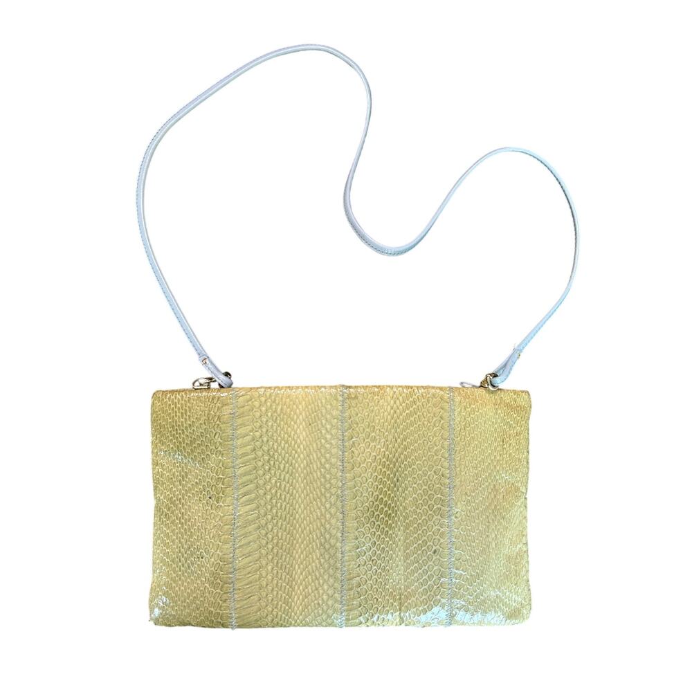 Vtg 70s Clemente- clutch purse- Beige muted green, powder blue strap- snakeskin